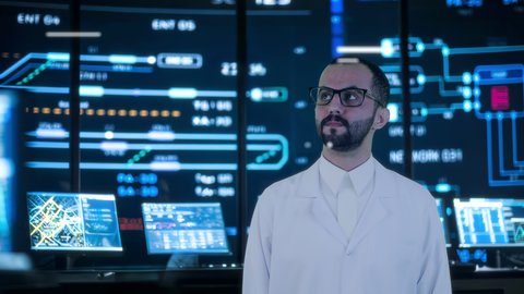 Technological growth and progress, improving work efficiency, close-up of a Saudi Arabian Gulf man wearing a coat and glasses standing in front of virtual icons, illuminated electronic screens, the concept of business and economic development, 3D holographic elements and symbols