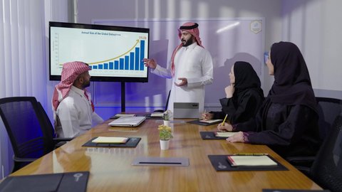 الوحدة والعمل الجماعي لتطوير الأعمال وحل المشكلات،  مهنة ووظيفة سعوديه،مراجعة الخطط والاستراتيجيات والاتفاقيات، مكاتب و شركات خليجية، رجلان عربيان سعوديان خليجيان يرتديان الثوب التقليدي والشماغ مع موظفتان سعوديتان تجلسان في المكتب داخل مقر الشركة
