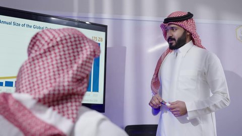 مكاتب و شركات خليجية، رجلان عربيان سعوديان خليجيان يرتديان الثوب التقليدي والشماغ  تجلسان في المكتب داخل مقر الشركة ،مهنة ووظيفة سعوديه،مراجعة الخطط والاستراتيجيات والاتفاقيات، الوحدة والعمل الجماعي لتطوير الأعمال وحل المشكلات