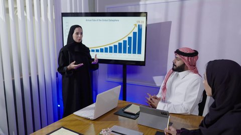 Gulf offices and companies, unity and teamwork for business development and problem solving, reviewing plans, strategies, and agreements, Saudi profession and job, a Saudi Arabian Gulf man wearing a traditional thobe and shemagh with two Saudi female employees sitting in an office inside the company headquarters.