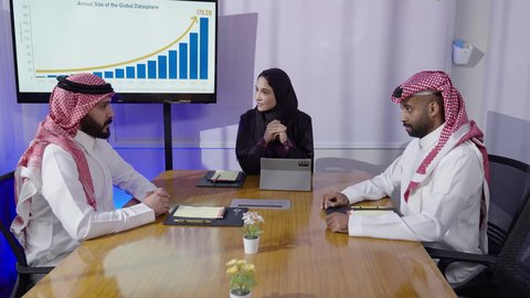 مكاتب و شركات خليجية، رجلان عربيان سعوديان خليجيان يرتديان الثوب التقليدي والشماغ مع امراه سعوديه يجلسون في المكتب داخل مقر الشركة, الاتفاق على المشروع التجاري، توقيع عقد صفقة جديدة، مهنة ووظيفة سعوديه