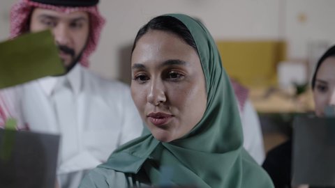 Saudi office and company, modern meeting room, goal setting participation, colored paper stickers on glass, note-taking and task-taking on paper stickers, productive work environment, Saudi Gulf Arab employees inside the company headquarters, Saudi professions and jobs