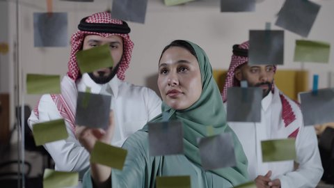 بيئة عمل انتاجيه ، مكتب وشركة سعودية، المشاركة في تحديد الأهداف، ملصقات ورق ملون على الزجاج، تدوين الملاحظات والمهام على ملصق الورق،غرفة إجتماعات حديثه، موظفين عربيين خليجيين سعوديين داخل مقر الشركة،  مهن ووظائف سعودية