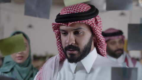 ملصقات ورق ملون على الزجاج، تدوين الملاحظات والمهام على ملصق الورق،غرفة إجتماعات حديثه، موظفين عربيين خليجيين سعوديين داخل مقر الشركة، بيئة عمل انتاجيه ، مكتب وشركة سعودية، المشاركة في تحديد الأهداف، مهن ووظائف سعودية