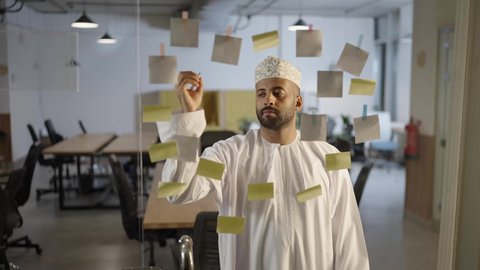 ضمان فهم واضح وشامل للأعمال، تحقيق الاهداف و الاستراتيجيات,  رجل عربي خليجي عماني يرتدي الدشداشة و الكمة يقوم بكتابة الملاحظات و تقسيم المهام, ايماءات التفكير و الانهماك