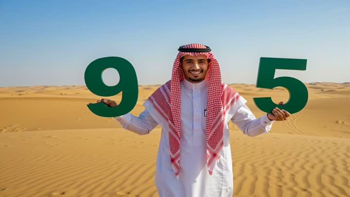 Ce
lebrating national occasions and holidays in nature, Flag Day March 11, Saudi National Day September 23, close-up of a Saudi Arabian Gulf man wearing a traditional shemagh and thobe standing in the desert holding up number sculptures to commemorate the 95th anniversary of Saudi Arabia
