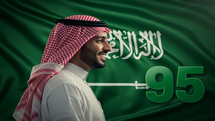Saudi 
National Day, September 23, commemorating the 95th anniversary of Saudi Arabia, the banner of unification and the national emblem, a close-up side view of a Saudi Arabian Gulf man wearing a traditional shemagh and thobe, standing with gestures of pride and honor, celebrating national occasions and holidays, Flag Day, March 11