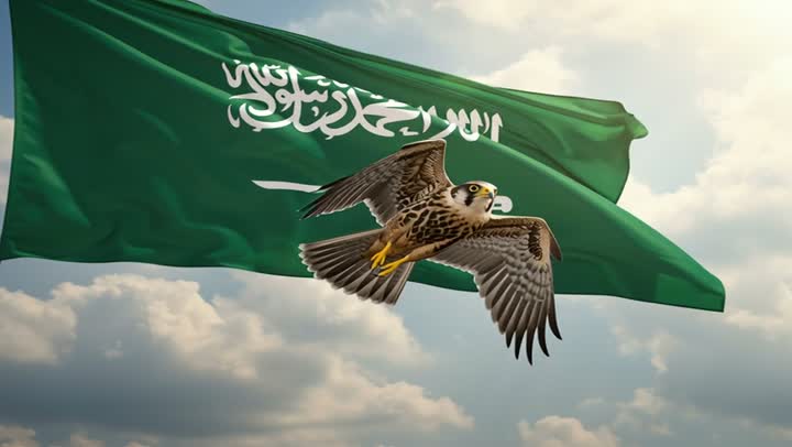 A predatory falcon flies in front of the flag of the Kingdom of Saudi Arabia, the banner of monotheism and the emblem of the nation, celebrating national occasions and holidays, Flag Day March 11, Saudi National Day September 23, commemorating the 95th anniversary of Saudi Arabia