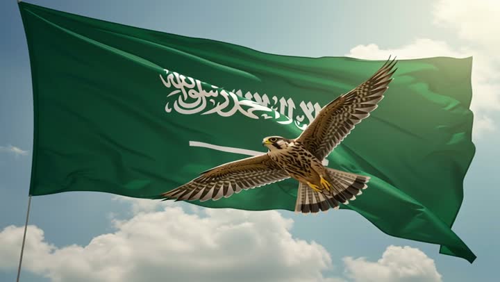 A predatory falcon flies in front of the flag of the Kingdom of Saudi Arabia, the banner of monotheism and the emblem of the nation, celebrating national occasions and holidays, Flag Day March 11, Saudi National Day September 23, commemorating the 95th anniversary of Saudi Arabia