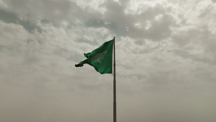 Saudi National Day, September 23, the concept of patriotism and belonging to the homeland, national occasions, holidays and celebrations, Saudi Flag Day, March 11, aerial drone photography of the flag of the Kingdom of Saudi Arabia in Riyadh