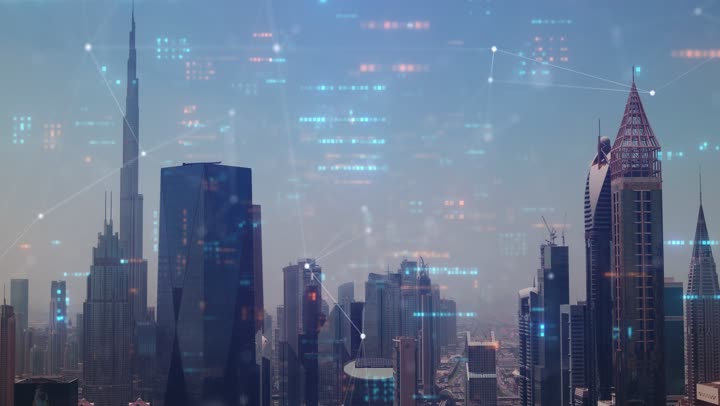 استخدام التكنولوجيا في بناء المدن الحديثة, تصوير جوي لأبراج إمارة دبي بدولة الإمارات العربية المتحدة ، معالم سياحية مشهورة، الفن الهندسي المعماري للأبراج وناطحات السحاب