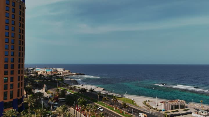 The distinctive natural landscape of the Red Sea, coastal tourist attractions in Jeddah, aerial drone photography of the Corniche in the Kingdom of Saudi Arabia, places to attract tourists from different countries and spend an enjoyable summer vacation, nature background