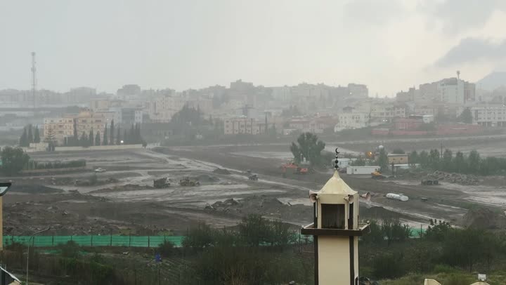 Famous natural tourist attractions and landmarks, foggy weather in southern Saudi Arabia, rock formations and mountain ranges, drone footage of Abha Viewpoint in Asir Region