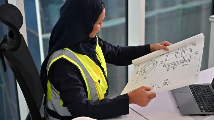 Saudi national construction projects, close-up of a veiled Saudi Arabian Gulf engineer wearing a helmet and a protective vest reviewing plans, building the nation with the help of its sons, the distinguished urban development of the capital, pride and honor in the Kingdom's urban renaissance, background of Riyadh towers