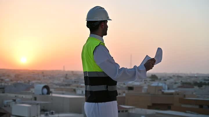 الاهتمام بالتطور العمراني بسواعد المهندسين السعوديين, مهندس عربي خليجي سعودي يرتدي سترة العمل وخوذة الحماية البيضاء يقف بفخر واعتزاز، مفهوم الهندسة والإنشاءات المعمارية، مشاريع إعمارية سعودية وطنية, خلفية الأبراج وناطحات السحاب في مدينة الرياض
