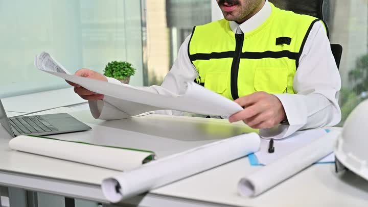 Accomplishing daily tasks in the office, working on a laptop, taking care of urban development with the help of Saudi engineers, a Saudi Arabian Gulf engineer wearing a work jacket and a white protective helmet stands proudly, the concept of architectural engineering and construction, Saudi national construction projects