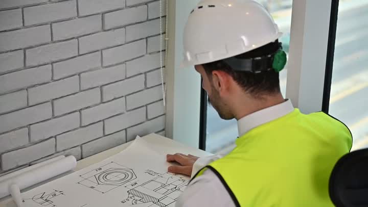 متابعة مخطط المشروع الهندسي وتدقيقه, مفهوم الهندسة والإنشاءات المعمارية، مشاريع إعمارية سعودية وطنية، الاهتمام بالتطور العمراني بسواعد المهندسين السعوديين, مهندس عربي خليجي سعودي يرتدي سترة العمل وخوذة الحماية البيضاء ينجز المهام اليومية في المكتب