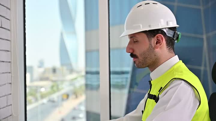 متابعة مخطط المشروع الهندسي وتدقيقه, مفهوم الهندسة والإنشاءات المعمارية، مشاريع إعمارية سعودية وطنية، الاهتمام بالتطور العمراني بسواعد المهندسين السعوديين, مهندس عربي خليجي سعودي يرتدي سترة العمل وخوذة الحماية البيضاء ينجز المهام اليومية في المكتب