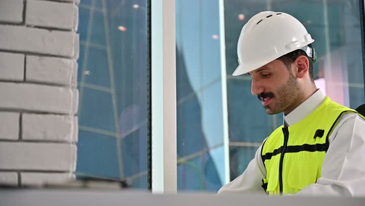 متابعة مخطط المشروع الهندسي وتدقيقه, مفهوم الهندسة والإنشاءات المعمارية، مشاريع إعمارية سعودية وطنية، الاهتمام بالتطور العمراني بسواعد المهندسين السعوديين, مهندس عربي خليجي سعودي يرتدي سترة العمل وخوذة الحماية البيضاء ينجز المهام اليومية في المكتب