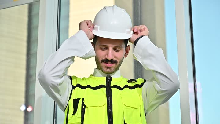 الاهتمام بالتطور العمراني بسواعد المهندسين السعوديين, مهندس عربي خليجي سعودي يرتدي سترة العمل وخوذة الحماية البيضاء ينجز المهام اليومية في المكتب، متابعة مخطط المشروع الهندسي وتدقيقه, مفهوم الهندسة والإنشاءات المعمارية، مشاريع إعمارية سعودية وطنية