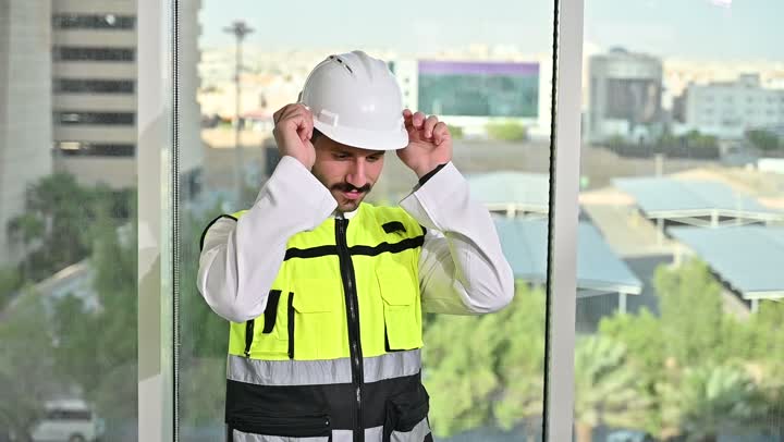 الاهتمام بالتطور العمراني بسواعد المهندسين السعوديين, مهندس عربي خليجي سعودي يرتدي سترة العمل وخوذة الحماية البيضاء ينجز المهام اليومية في المكتب، متابعة مخطط المشروع الهندسي وتدقيقه, مفهوم الهندسة والإنشاءات المعمارية، مشاريع إعمارية سعودية وطنية