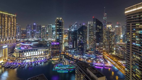 The growth and urban development of towers and skyscrapers in the United Arab Emirates, the famous tourist attractions of Dubai, the waterfront overlooking the Arabian Gulf coast, the harbor and yacht marina in Dubai Marina, the architectural art of buildings and structures overlooking the sea