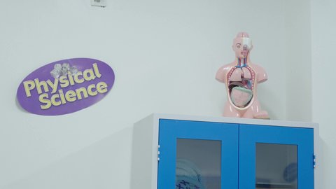 التطبيق العملي والتجارب العلمية، نموذج لجسم الإنسان، تصوير لمعمل العلوم في إحدى المدارس بالمملكة العربية السعودية، وسيلة تعليمية لشرح أعضاء الجسم الداخلية