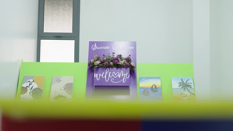 Art exhibition of drawings and paintings in Saudi schools, practicing handicrafts and favorite hobbies, drawing and creative arts, education in the Kingdom of Saudi Arabia.