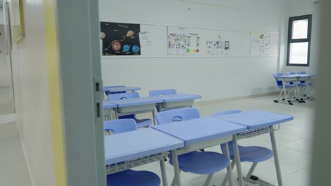 فصل مدرسي  في إحدى المدارس الحديثة بالمملكة العربية السعودية،تصميم داخلي عصري،بيئة تعليمية منظمة، لوحات تعليمية بالمدرسة