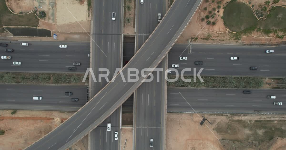 Drone photography of car traffic on the highway in the south of Riyadh ...
