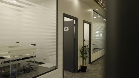 The modern contemporary design of offices in Saudi companies, office rooms with luxurious designs and interior decorations, windows and glass facades.