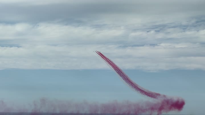 Aerial shows and celebrations for national occasions and holidays over the sea in the city of Jeddah, colorful smoke trails behind the jet planes soaring in the sky of the Kingdom of Saudi Arabia, commemorating the Foundation Day 1727 AD, activities of the aviation exhibition for the National Day on September 23, Saudi Flag Day on March 11.