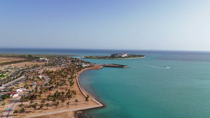 Beachfronts and waterfronts, drone photography of Yanbu city in the Kingdom of Saudi Arabia, natural family recreational areas and places along the Red Sea coast, the Royal Commission beach in the Al-Jar area during the day.