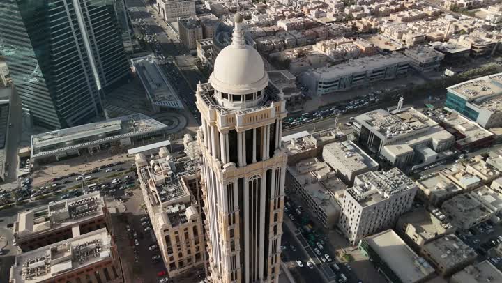 Narcissus Hotel in Riyadh, Saudi Arabia, the urban growth and advancement of towers and skyscrapers, a famous tourist attraction, attracting tourists from all over the world, the architectural art of commercial establishments in the capital during the day