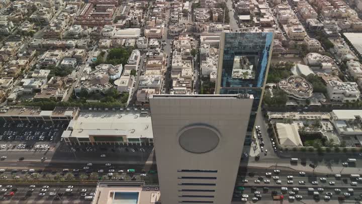 Aerial drone photography of famous places and landmarks in the Kingdom of Saudi Arabia, Al Wasil Tower and the Ministry of Islamic Affairs, Endowments, Call and Guidance in Al Olaya during the day, architectural art of buildings and skyscrapers in Riyadh