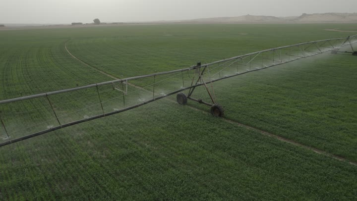 الات ومعدات الري المستقبلي في حقل زراعي شمال المملكة العربية السعودية، الاراضي والحقول الزراعية، الاعتناء والاهتمام بالاشجار والنباتات الخضراء، اذرع الري المحوري، الاشجار والنباتات الخضراء، رشاشات المياه