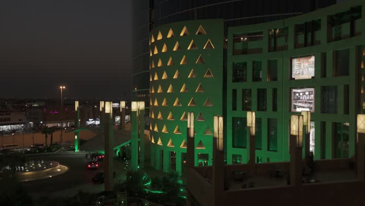 Skyscrapers, tourist facilities, and hotels are lit up in green, along with the Kingdom's flag, on the 95th anniversary. Saudi Arabia's economic and urban renaissance, the Rafale Tower in Riyadh, and state-of-the-art architectural art are celebrated, marking Saudi National Day on September 23.