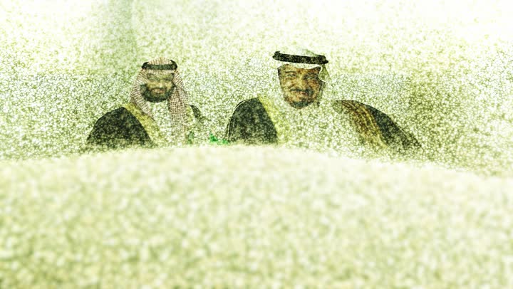 مشهد أنيميشن ثلاثي الأبعاد للرمال الذهبية الناعمة في الصحراء، ملوك المملكة العربية السعودية، الملك المؤسس عبد العزيز والملك سلمان، ذكرى اليوم الوطني السعودي  ٢٣ سبتمبر، مناسبة واحتفال وطني