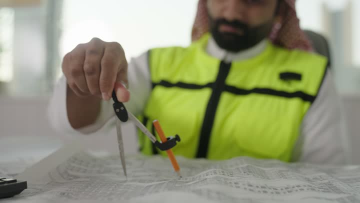 استخدام الادوات الهندسية ، الاطلاع على تصاميم هندسية جديدة على جهاز الحاسوب المحمول، مهندس معماري عربي سعودي خليجي يرتدي اللباس الخاص بالعمل يستخدم اللابتوب برفقة زميله بالعمل ، الاشراف الالكتروني على تطبيق المشاريع و الخطط الهندسيه المعمارية في البناء، دمج العمل مع التقنية و التكنولوجيا