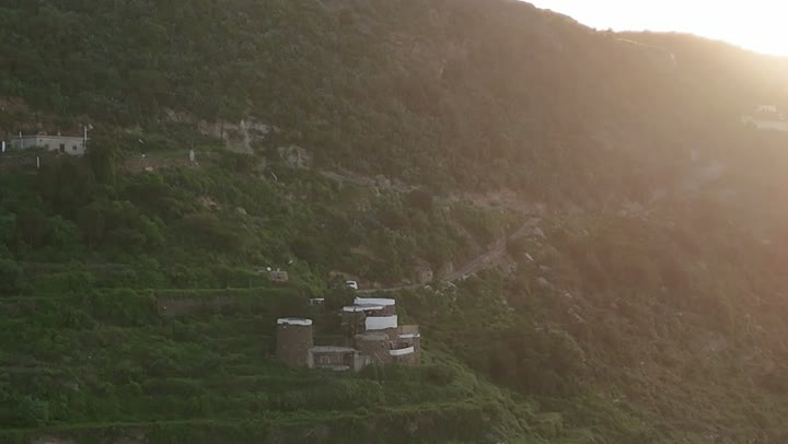 Tourism in Saudi Arabia. The beauty of breathtaking nature, cinematic aerial photography of the Tolan Mountains, a natural painting that combines strength and tranquility.