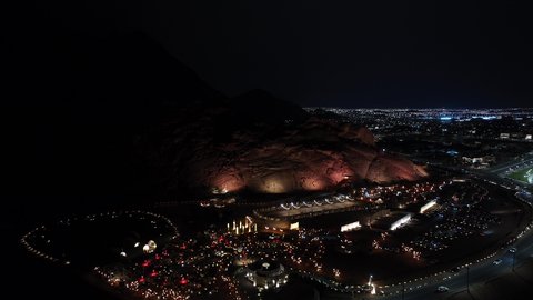 A thunderstorm strikes the sky of Saudi Arabia, weather and disasters and natural phenomena, thunder and lightning, winter atmosphere in the Kingdom of Saudi Arabia, nature background.