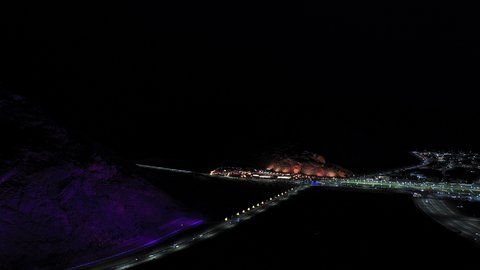 A thunderstorm strikes the sky of Saudi Arabia, weather and disasters and natural phenomena, thunder and lightning, winter atmosphere in the Kingdom of Saudi Arabia, nature background.
