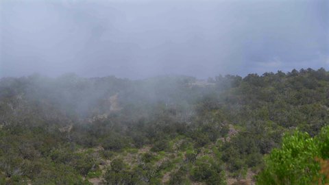 الأجواء الضبابية الغائمة في المناطق المرتفعة, معالم سياحية طبيعية مشهورة, التضاريس في القمم والمرتفعات الجبلية, تايم لابس لحركة الضباب فوق الاشجار الخضراء على سفوح الجبال