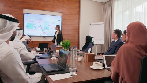 توضيح العمليات والمشاريع التجارية، تحقيق أهداف الشركة، موظفة اجنبية تعرض البيانات الاحصائية على الشاشة، ضمان فهم واضح وشامل للأعمال، استخدام الأجهزة التقنية الحديثة في المكاتب, اجتماع عمل بين موظفين عرب خليجيين اماراتيين مع رجال أعمال أجانب في غرفة الاجتماعات