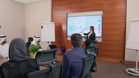 شرح وتوضيح العمليات والمشاريع التجارية، تحقيق أهداف الشركة، موظفة اجنبية تعرض البيانات الاحصائية على الشاشة، ضمان فهم واضح وشامل للأعمال، استخدام الأجهزة التقنية الحديثة في المكاتب, اجتماع عمل بين موظفين عرب خليجيين اماراتيين مع رجال أعمال أجانب في غرفة الاجتماعات