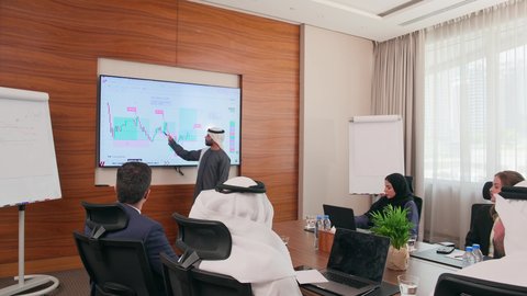 ضمان فهم واضح وشامل للأعمال، استخدام الأجهزة التقنية الحديثة في المكاتب, موظف اماراتي يقوم بعرض البيانات الاحصائية على الشاشة، الاتفاق على المشاريع التجارية، اجتماع عمل بين موظفين عرب خليجيين اماراتيين مع رجال أعمال أجانب في غرفة الاجتماعات، تحقيق أهداف الشركة
