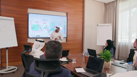 تحقيق أهداف الشركة، ضمان فهم واضح وشامل للأعمال، استخدام الأجهزة التقنية الحديثة في المكاتب, موظف اماراتي يقوم بعرض البيانات الاحصائية على الشاشة، الاتفاق على المشاريع التجارية، اجتماع عمل بين موظفين عرب خليجيين اماراتيين مع رجال أعمال أجانب في غرفة الاجتماعات
