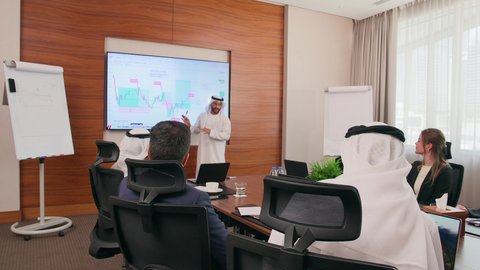 تحقيق أهداف الشركة، ضمان فهم واضح وشامل للأعمال، استخدام الأجهزة التقنية الحديثة في المكاتب, موظف اماراتي يقوم بعرض البيانات الاحصائية على الشاشة، الاتفاق على المشاريع التجارية، اجتماع عمل بين موظفين عرب خليجيين اماراتيين مع رجال أعمال أجانب في غرفة الاجتماعات