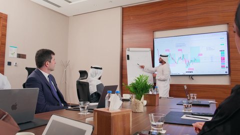 بيئة العمل المريحة في الشركات الاماراتية, إنجاز المهام عبر جهاز الحاسوب، عرض البيانات الاحصائية على الشاشة، الاتفاق على المشاريع التجارية، اجتماع عمل بين موظفين عرب خليجيين اماراتيين مع رجال أعمال أجانب في غرفة الاجتماعات، استخدام الأجهزة التقنية الحديثة في المكاتب