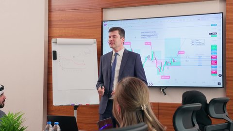 بيئة العمل المريحة في الشركات الاماراتية, إنجاز المهام عبر جهاز الحاسوب، عرض البيانات الاحصائية على الشاشة، الاتفاق على المشاريع التجارية، اجتماع عمل بين موظفين عرب خليجيين اماراتيين مع رجال أعمال أجانب في غرفة الاجتماعات، استخدام الأجهزة التقنية الحديثة في المكاتب